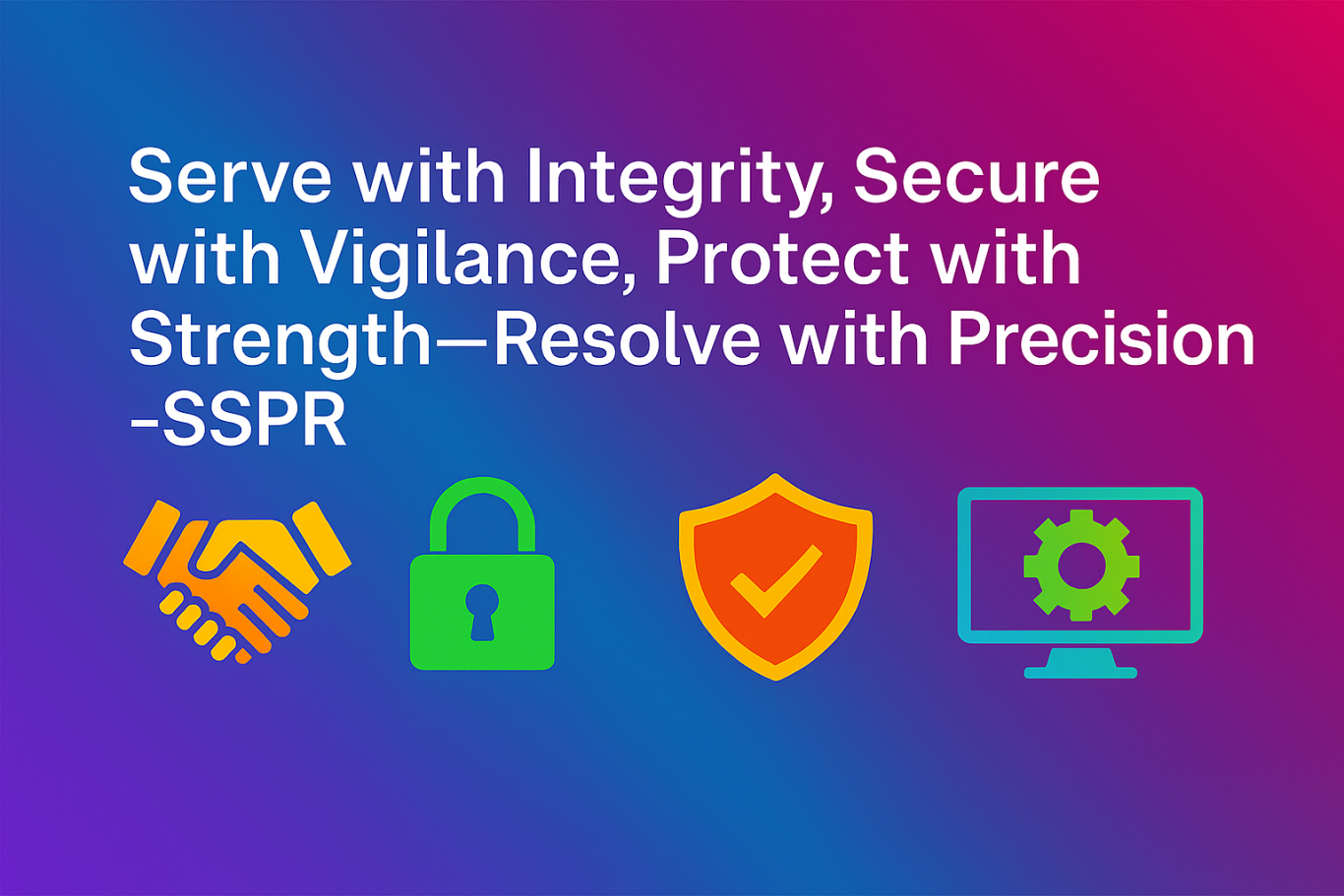 Text promoting integrity, security, and protection with related icons: handshake, padlock, shield, computer.