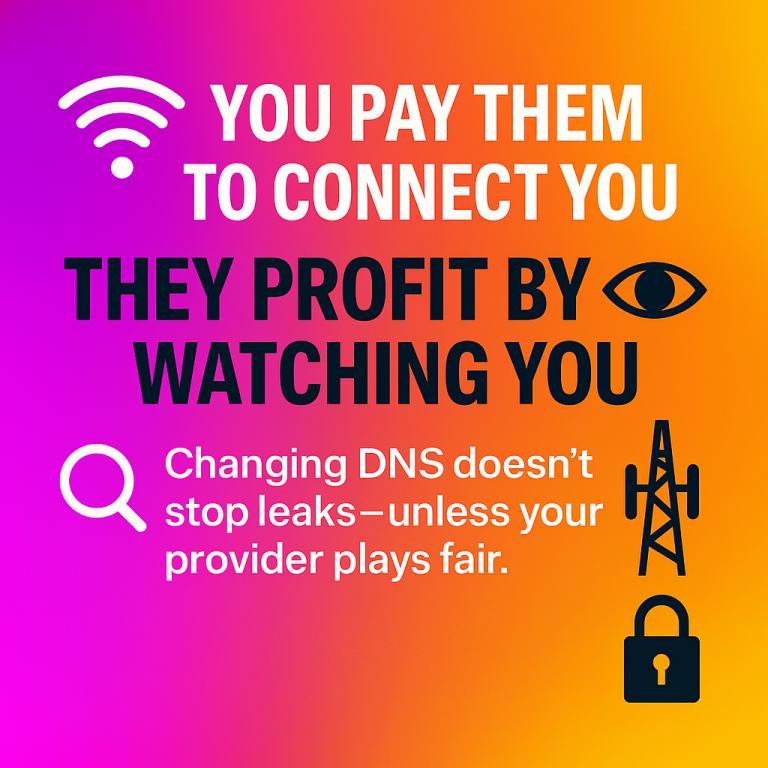 Unveiled! Colorful background with text about internet privacy and DNS changes. Icons for connectivity and security.