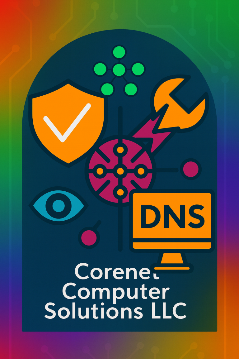 Logo for Corene Computer Solutions LLC featuring icons for security, technology, and DNS.
