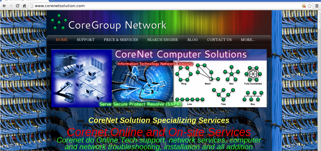 Website header for CoreGroup Network featuring technology and consulting services.