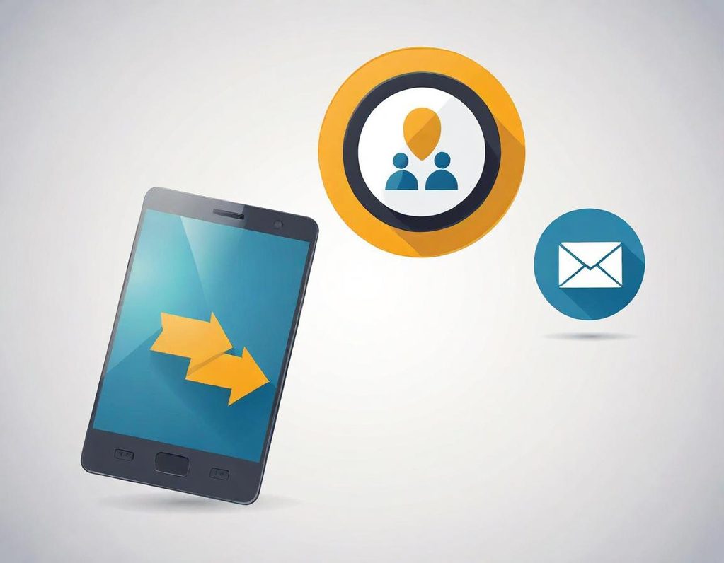 Smartphone with icons for location, contacts, and email communication.