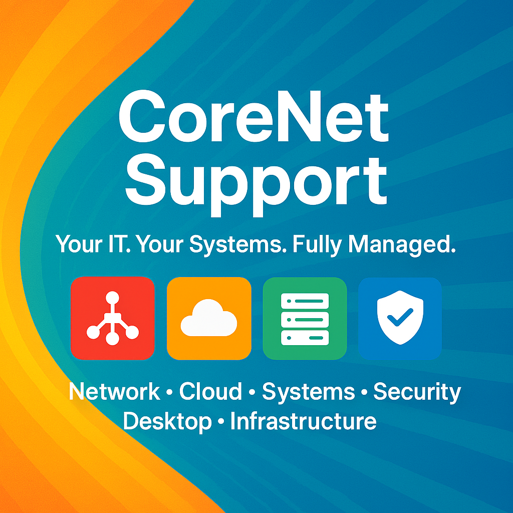 CoreNet Support: IT management services with icons for network, cloud, systems, security, and infrastructure.