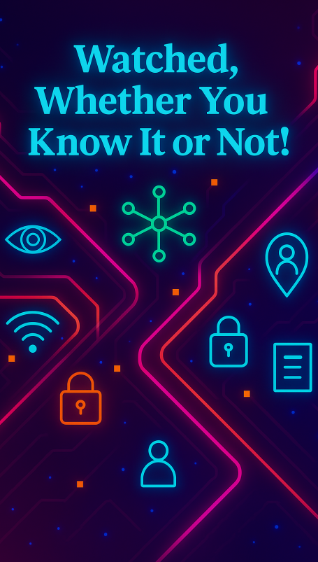 Text with security and connectivity icons on a colorful background, stating "Watched, Whether You Know It or Not!"